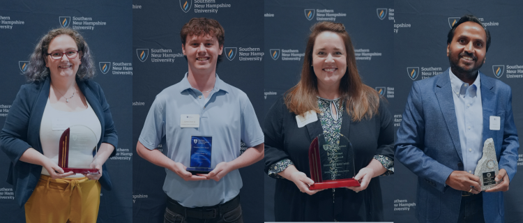alumni award recipients holding award