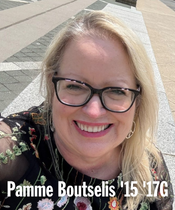 Photo of board member with long blonde hair and black glasses