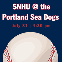 graphic of baseball with SNHU @ the portland Sea Dogs with blue background