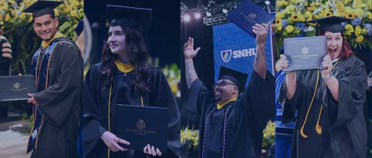 Four images of students holding their diplomas at SNHU Commencement