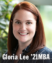 Headshot of woman outdoors with text Gloria Lee '21MBA