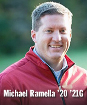 Headshot of man outdoors with text Michael Ramella '20 '21G