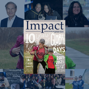 Cover of Impact Magazine with collage of images behind