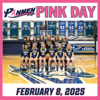 group photo of the SNHU Women's Basketball team with information about Penmen Pink Day