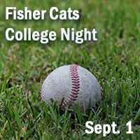 baseball in grass with text "Fisher Cats College Night Sept. 1"