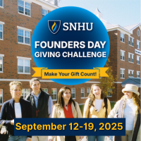 Image of students in the 90s with SNHU logo and text reading Founders Day Giving Challenge Make Your Gift Count! September 12-19, 2025
