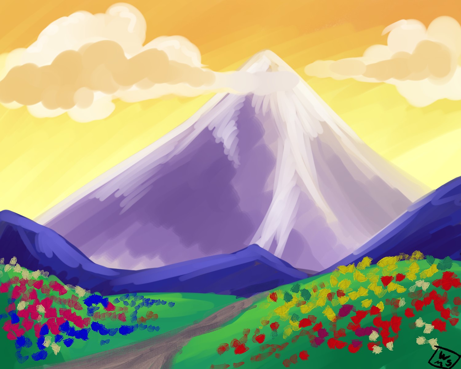 Painting of meadow with sun setting behind a mountain
