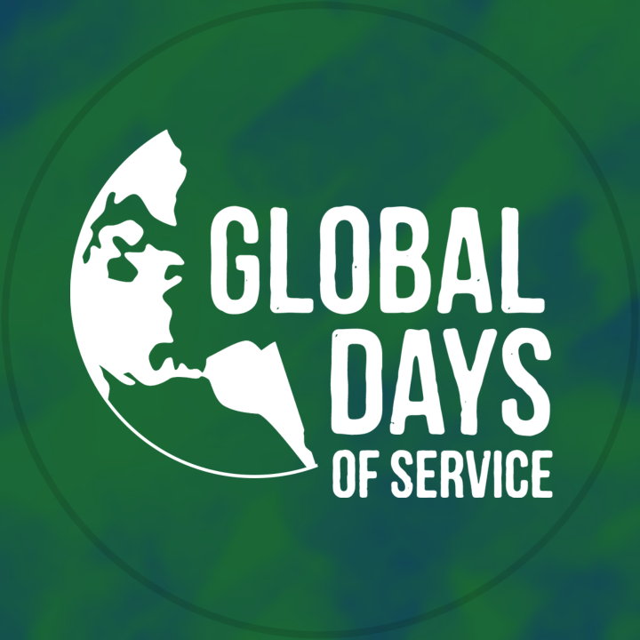 Global Days of Service logo with blue and green tie-dye background