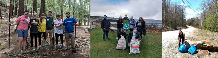 Three images: group of people outdoors with yardwork tools, group of people picking up trash by the beach, and person picking up trash on the side of a dirt road