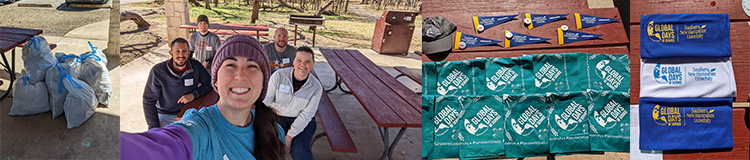 Collage of images: bags of trash, group of people smiling, bandanas, pennants, and pins on a picnic table