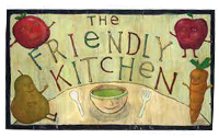 Sign that says "The Friendly Kitchen" with various fruits and vegetables