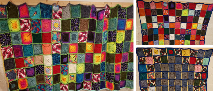 Collage of images: three crocheted blankets made of a variety of yarn colors
