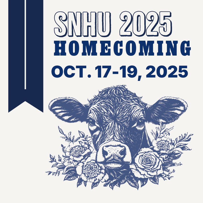 Blue ribbon next to  "SNHU 2025 Homecoming Oct. 17-19, 2025" above a cow surrounded by flowers