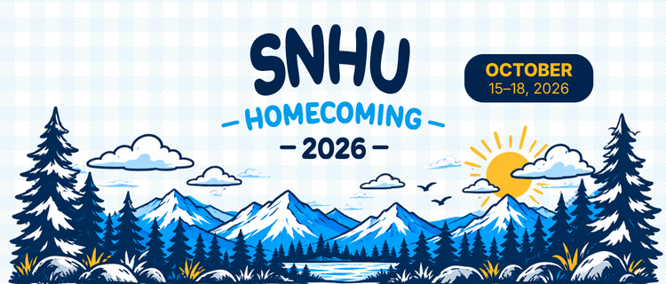 Homecoming logo with blue checkered background and mountains