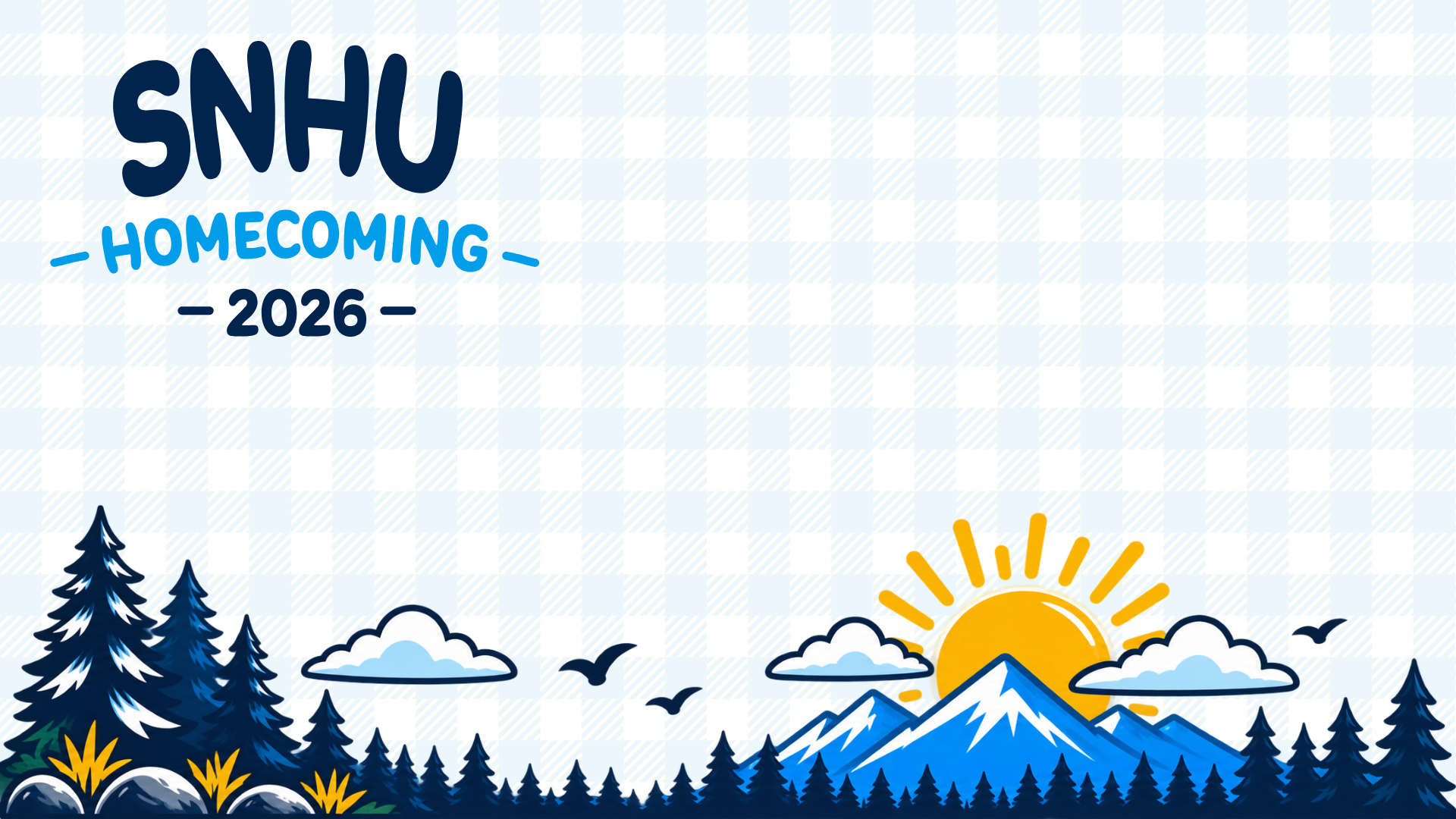 SNHU Homecoming logo with blue plaid background and sunrise over mountains