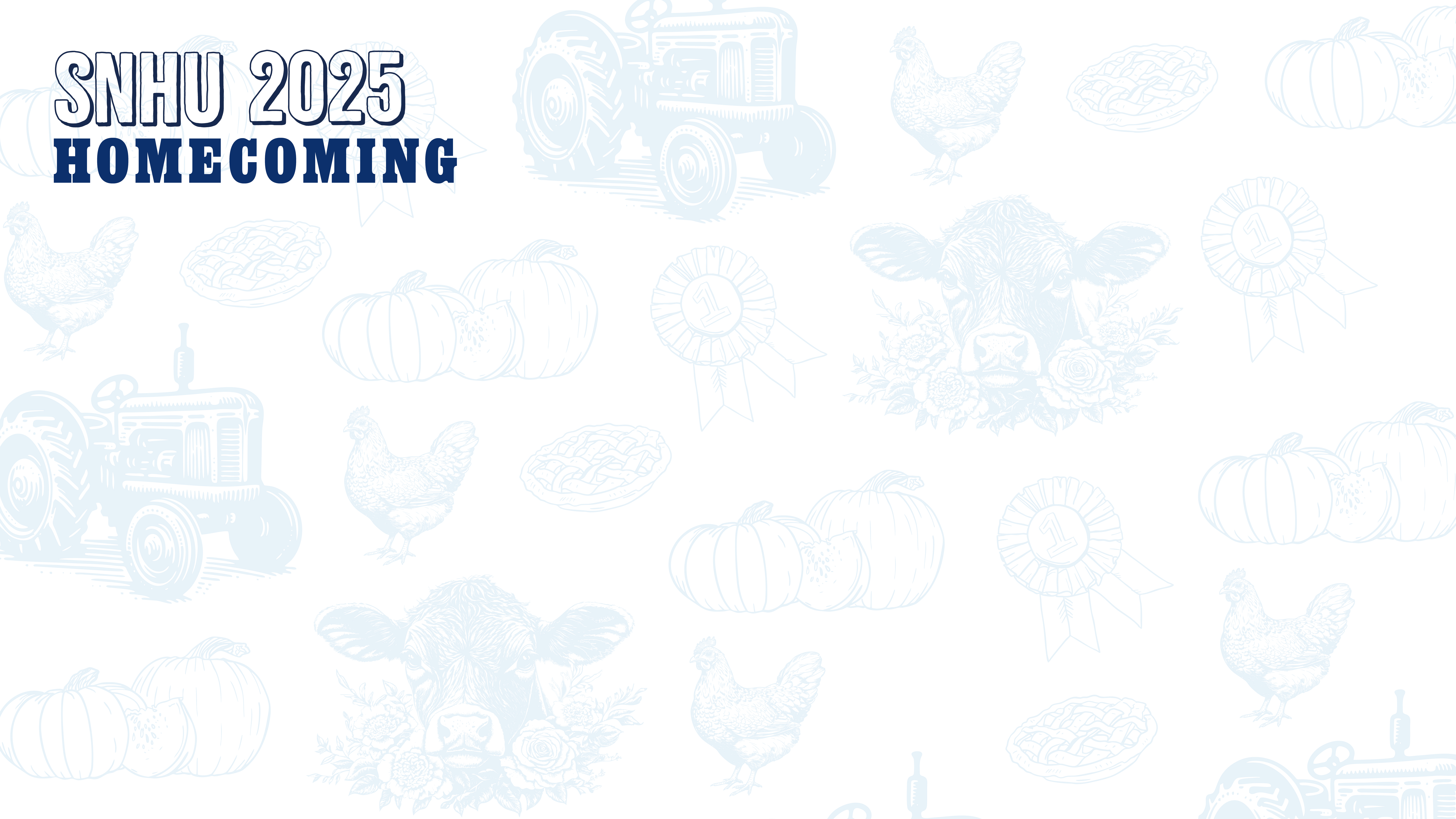 Virtual Meeting Background with farm animals, tractors and county fair repeated imagery and "SNHU 2025 Homecoming"