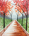 Painting of pathway lined with autumn trees