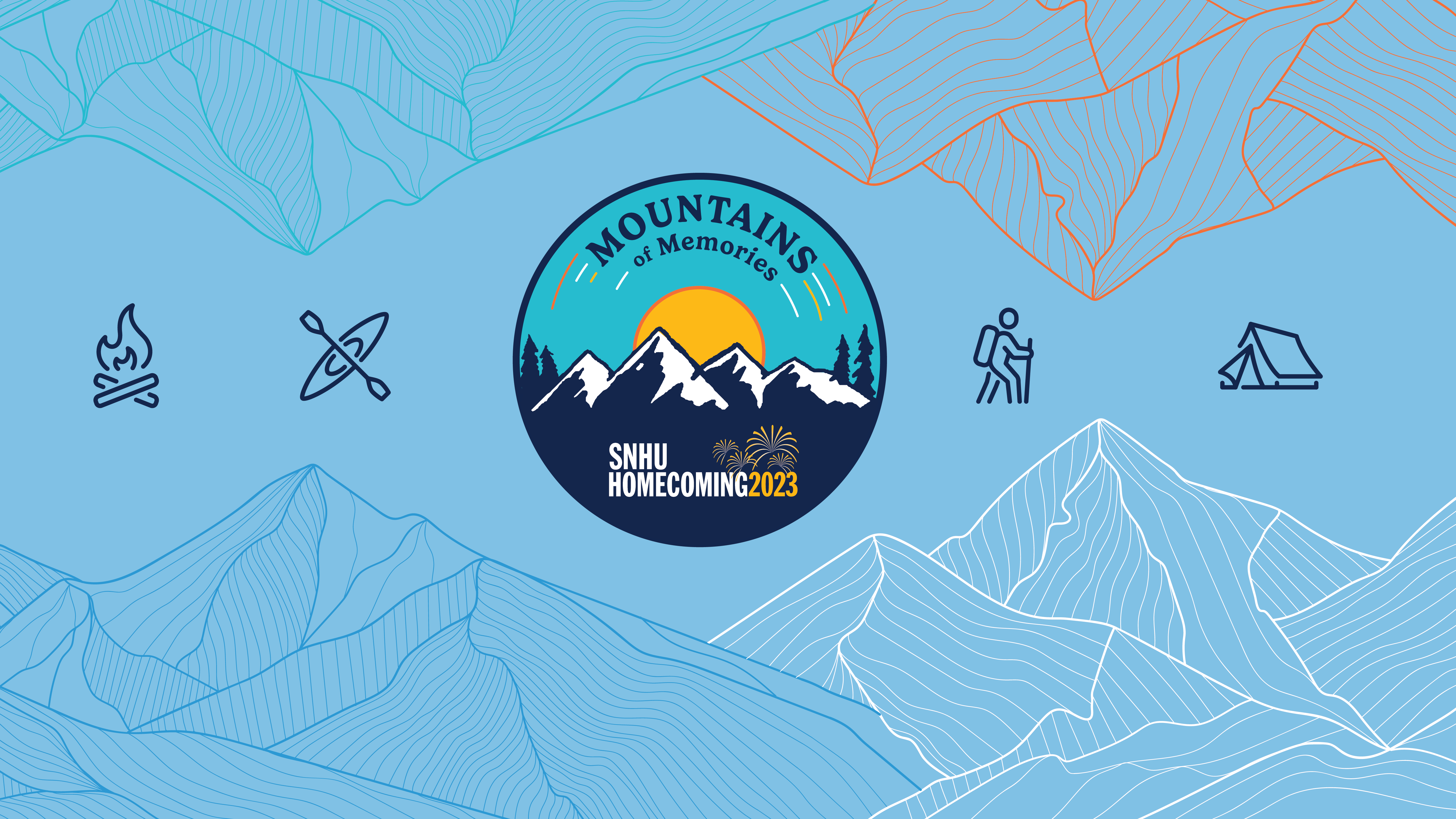 Sun setting over mountainous horizon with text over sun saying "Mountains of Memories". Mountain silhouette reads "SNHU Homecoming 2023" with fireworks over 2023. Icons of outdoor activities and topographical style map background.