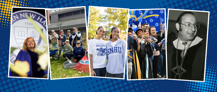 A collage of five images showing campus life and community moments, including students, graduates celebrating, a speaker at a university event, and a historical black-and-white portrait, set on a blue patterned background.