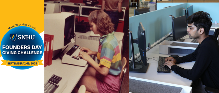 Circle with text reading Founders Day Giving Challenge September 12-19, 2025 Make Your Gift Count! Photo of a woman sitting at a computer from the 1980s next to a photo of a man sitting in front of a computer in 2025