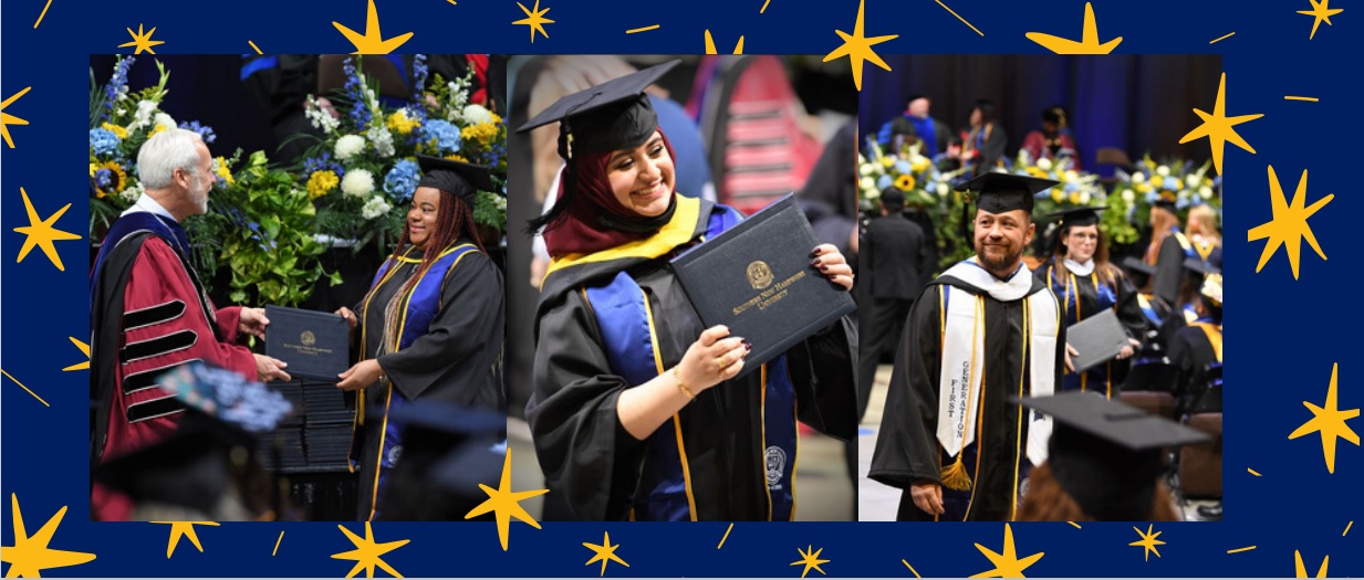 Collage of images: person receiving diploma from SNHU President; grad showing off diploma, graduate walking toward seat at Commencement