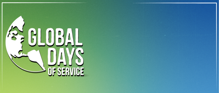 white Global Days of Service logo over a blue and green ombre background