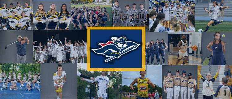 Collage of athletic team photos with SNHU Penmen logo at the center