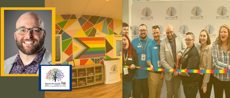 A collage showing a headshot of a smiling man, a colorful mural with a Progress Pride flag, and a ribbon-cutting ceremony with a group in front of a Manchester True Collaborative banner