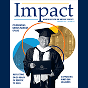 Cover of Impact Magazine featuring proud graduate wearing Commencement regalia and holding diploma