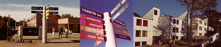 Collage of images from 1970s: intersection street signage and residence halls on campus