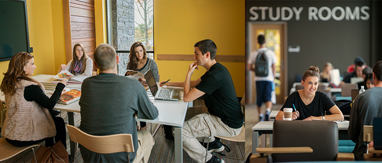 Students sitting at table doing group project, student sitting in front of sign that reads "Study Room"