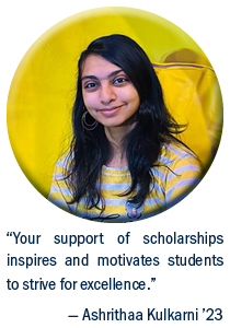 Headshot of SNHU student Ashrithaa Kulkarni, Class of 2023 with a quote from her that reads: "Your support of scholarships inspires and motivates students to strive for excellence."