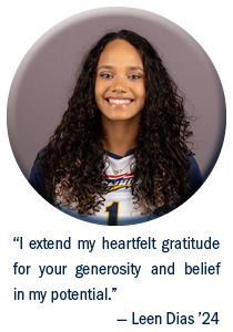 Headshot of SNHU student Leen Dias, Class of 2024 with a quote from her that reads: "I extend my heartfelt gratitude for your generosity and belief in my potential."