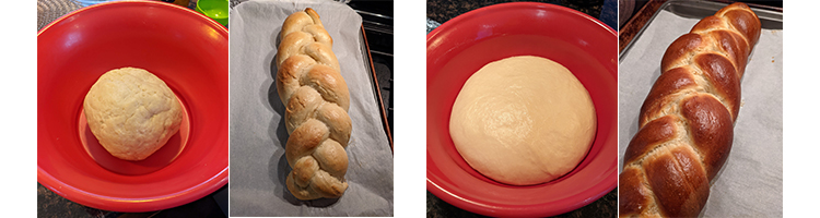 Bread dough in bowl next to baked challah loaf | Another bowl of dough next to another baked challah loaf