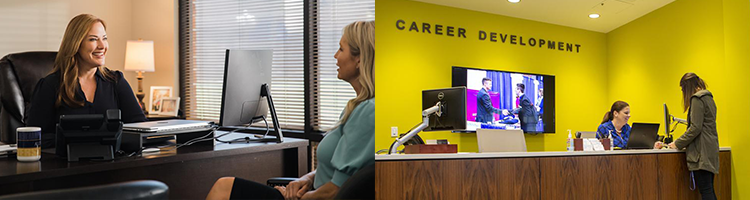 Collage of images: person at desk behind computer meeting with person on other side; two people meeting at desk with sign that reads Career Development