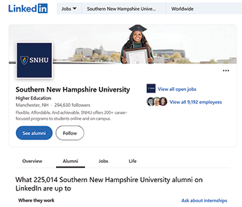 Screen grab of Southern New Hampshire University LinkedIn Alumni search