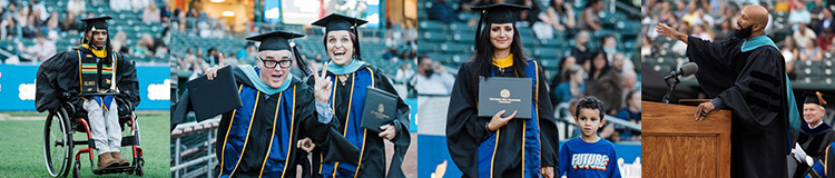 Collage of celebratory images of graduates at Commencement and speaker Common
