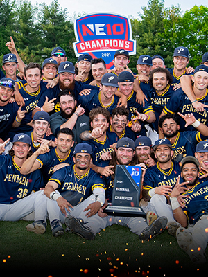 Group photo of the SNHU Baseball team with the 2021 NE10 Champions trophy