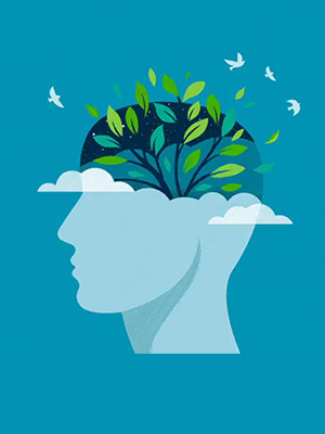 Icon head with clouds, a tree, and birds in it and coming out of it, which is meant to symbolize mental health