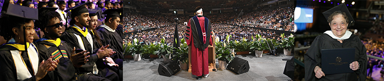 Group of grads seated, picture of President Paul LeBlanc and older grad stands with diploma cover