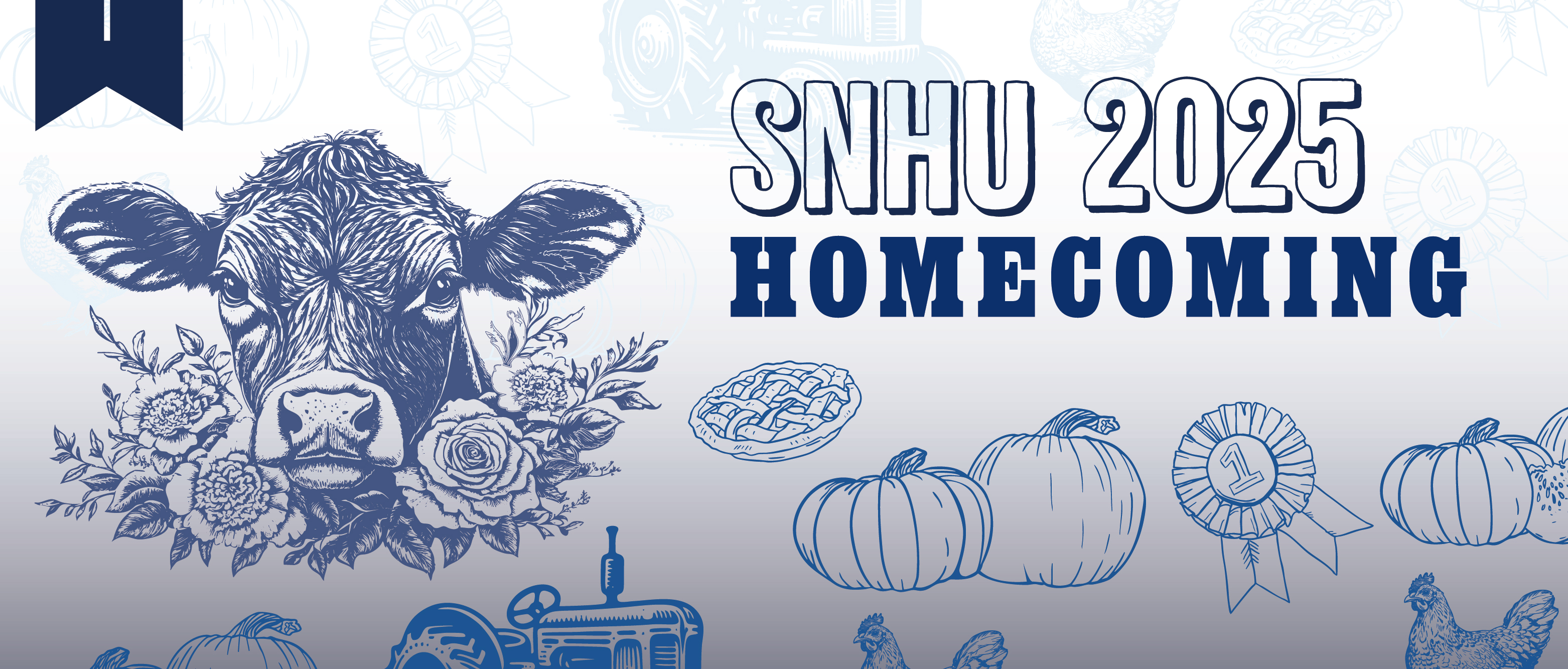 Drawings of county fair themed items including a cow, pumpkins, chickens, tractors, a first place ribbon and apple pie with text SNHU 2025 Homecoming
