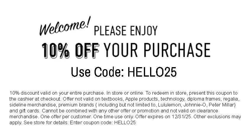 SNHU Bookstore Coupon 10% off your purchase use code: HELLO25. Restrictions apply. See store for details.